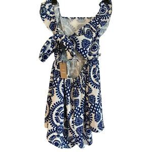 White & Blue Floral Ruffle Cutout Romper